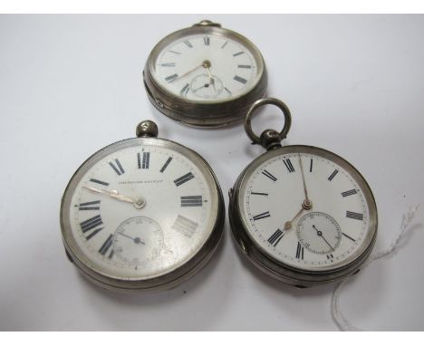 Three Hallmarked Silver Cased Openface Pocketwatches, each with Roman numerals and seconds subsidiary dial, within engine tur