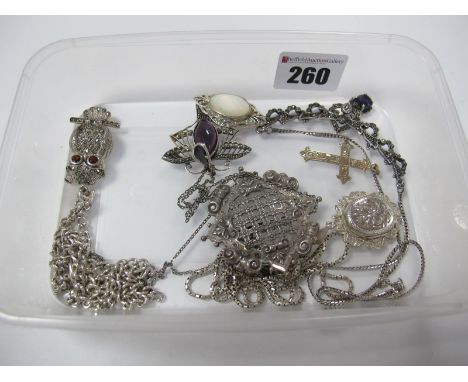 An Art Nouveau Style Marcasite Set Pendant, on a chain, together with a marcasite set owl pendant/brooch, a mother of pearl i