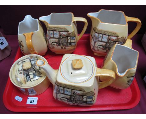 L & Sons English Ware Teapot, water jugs, etc, of seven pieces, featuring 'The Jolly Drover':- One Tray 