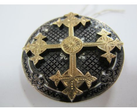 XIX Century Black And White Enamel Disk Brooch, bearing raised gilt symmetrical cross. 4.3cm diameter