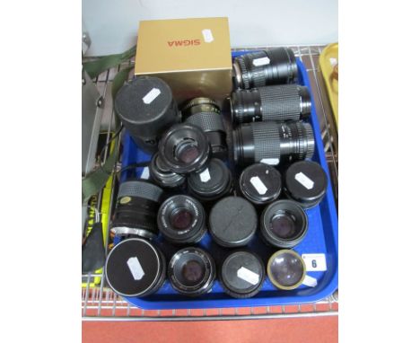 Nineteen Camera Lenses, including Olympus OM-System F.Zuiko Auto-S 1;1,8 50mm, lens, Mirage auto reflex 1:2,8 135mm lens, (ca