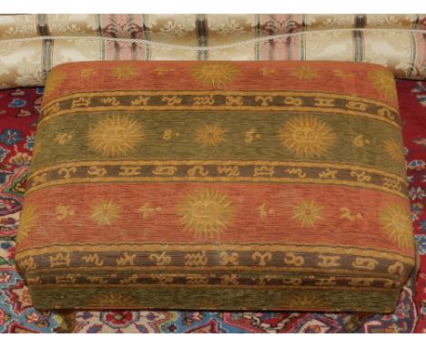 A Contemporary foot stool, upholstered in a green and red striped fabric with sun face design, raised on mahogany legs and ca