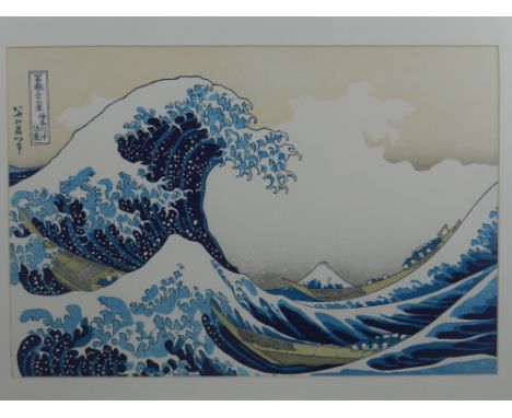 A Japanese coloured lithograph, Big Wave off Kanagawa, H.24.5cm W.37.5cm, together with another of Warriors Fighting in Snowy