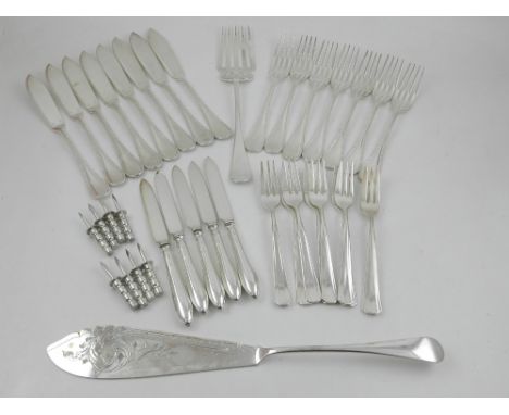 A varied collection of silver plated flatware, to include a set of six Christofle forks and knives, a set of ten WMF fruit fo