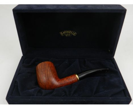 Savinelli. An autograph edition pipe, having burr walnut head, ebonised lift, and a 9 carat gold band, in original box. 