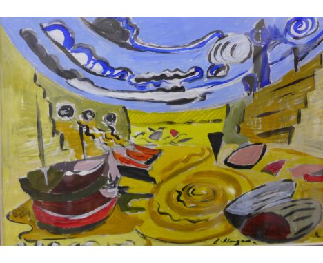 Edward Morgan, abstract beach scene, gouache, framed 