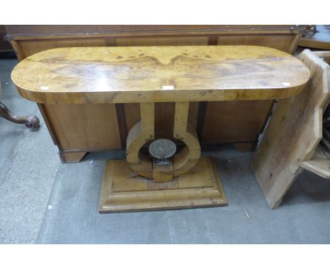 An Art Deco style burr walnut effect console table 