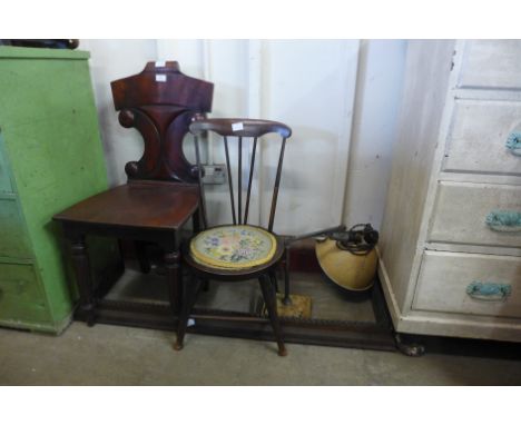 A Victorian mahogany hall chair, a bagatelle board, an oak fender, industrial lamp, etc. 