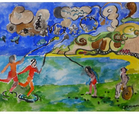 Edward Morgan, abstract beach scene, watercolour, unframed 