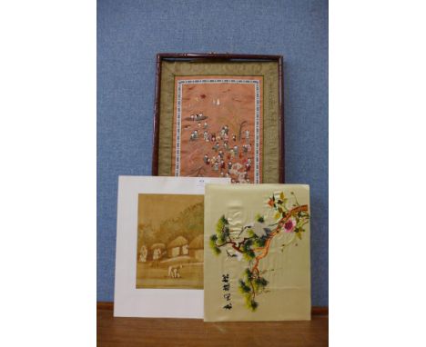 A 19th Century Japanese needlepoint embroidery and two others 