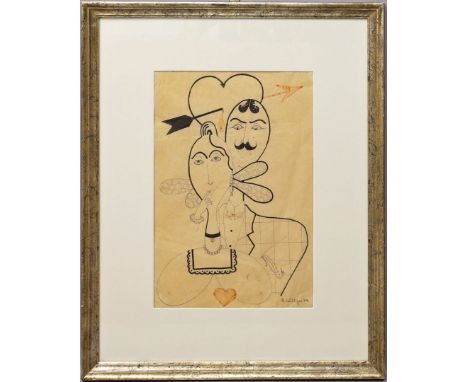 Ausleger, Rudolf (1897 Weißenfels - Berlin 1974) Art Deco-Darstellung eines verliebten Paares. Feder/Tusche auf Transparentpa