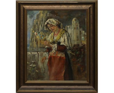 Philips-Weber, Marie (1845 - 1942) Junge Italienerin mit Garnspindel, im Hintergrund Amalfi. Öl/Karton, li. u. sign., verso b