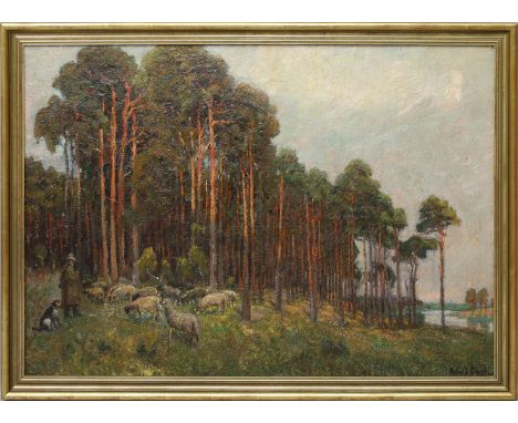 Obst, Adolf (1869 Berlin 1945) Märkisches Flussufer mit Kiefern und Schäfer mit seiner Herde in der Dämmerung. Öl/Holz, re. u