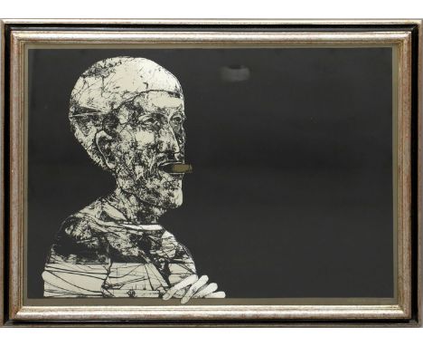 Plattner, Karl (1919 Mals - Mailand 1986) "Rauchender Mann mit Zigarre". Farblithographie (l. fleckig bzw. verschmutzt), re. 
