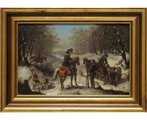 Meyer, August (um 1860) Jagdszene im Winter. Öl/Lwd. (l. Farbfehlstellen, Craquelé), rückseitig sign. und dat. 1860. Ca. 25,5