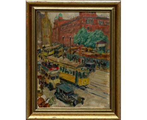Antoine, Otto (1865 Koblenz - Berlin 1951) Reich belebte Ansicht des Alexanderplatzes mit Rotem Rathaus in Berlin. Öl/Karton,