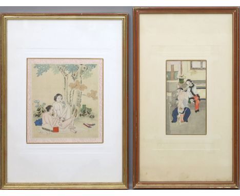 Erotische Tuschmalerei (China, 18./19. Jh.) Interieur mit Liebespaar. Tusche/Feder auf Stoff (Altersspuren). 18x 10 cm. PP., 