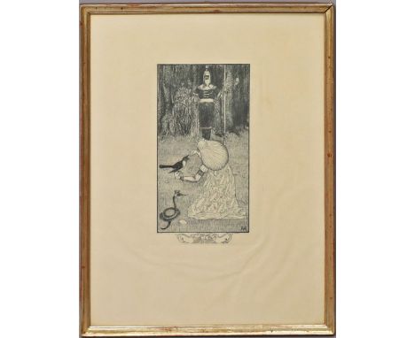 Vogeler, Heinrich (1872 Bremen - Karaganda 1942) "Die Schlangenbraut". Radierung in Blaugrün/Papier (l. gebräunt, min. Knicks