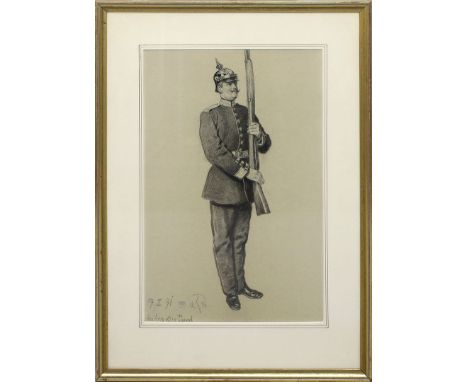 Werner, Alexander Friedrich (1827 Berlin 1908) Soldat mit Pickelhaube und Gewehr. Bleistiftzeichnung/Papier (Kanten montiert)