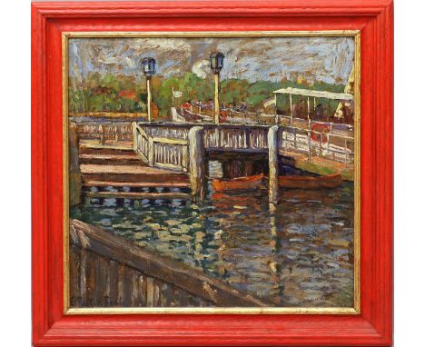 Reuter-Raabe, E. (Berlin, um 1910) "Landungssteg am Wannsee", so verso mit Bleistift betitelt und sign. Öl/Karton, li. u. sig