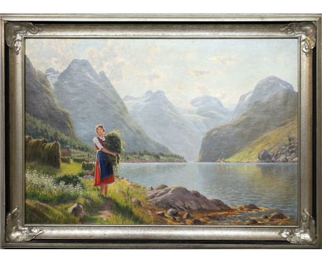 Normann, Emma Pastor (1871 Düsseldor 1954) Junges Mädchen mit Heubündel in sommerlicher Gebirgslandschaft mit See. Öl/Lwd., l