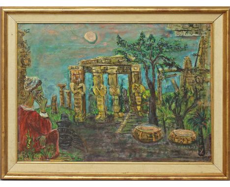 Burchard, Simaïka (1910-1964) "Temple de Ramses (eclipse solaire)", so verso betitelt und dat. 1952. Öl/Holzplatte, re. u. si