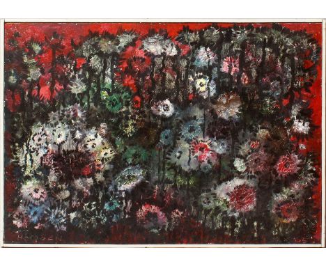 Hansen, Hartmut (1939-2021) wohl Dunkle Blumenwiese. Öl/Hartfaserplatte, li. u. sign. "Hansen" und re. u. dat. 1965. 50x 71 c