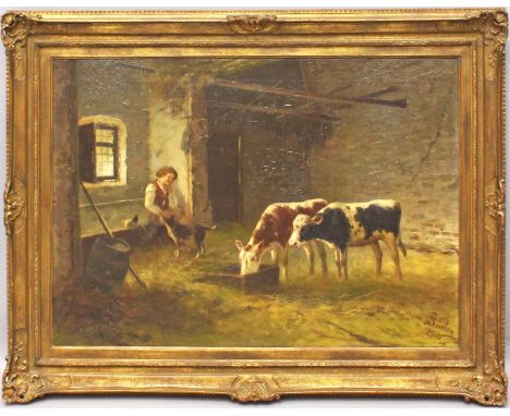 Bücken, Peter (1830 Burtscheid - Aachen 1915) In der Scheune. Öl/Lwd., re. u. sign. und dat. 1911. 46x 68 cm. R.