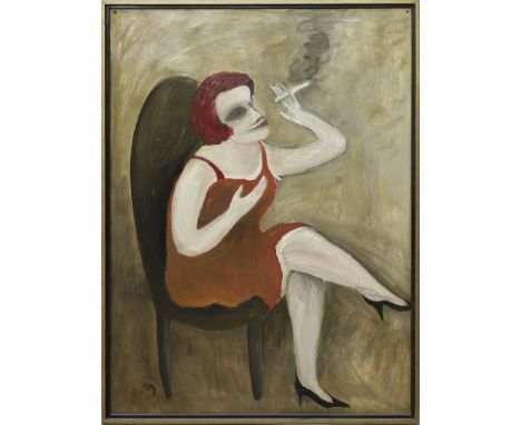 Mühlenhaupt, Kurt (1921 Klein Ziescht- Berlin 2006) Sitzende mit Zigarette. Öl/Platte, li. u. monog., verso bez. "gemalt für 