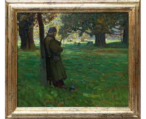 Hartig, Hans (1873 Carwin - Berlin 1936) Sommerlandschaft mit Schäfer im Schatten und seiner Herde (verso Kohlezeichnung eine