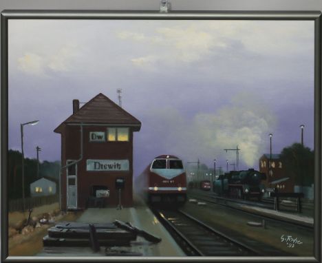Fischer, Günter (geb.1940 Eberswalde, später Berlin) "Bauarbeiten BhF. Drewitz 1993", so Rückseite auf Keilrahmen betitelt. Ö