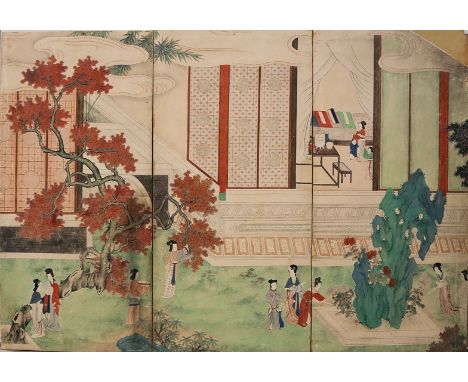 Großes Triptychon. Dreiteilige Darstellung einer Palastanlage mit Park und Damen. Wasserfarben auf Papier, auf Lwd. aufgezoge