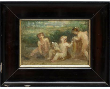 Unbekannter Maler (19. Jh.) Drei Putten in Landschaft. Öl/Lwd./Holztafel (Kratzer), li. u. undeutlich sign. 15x 21 cm. R.