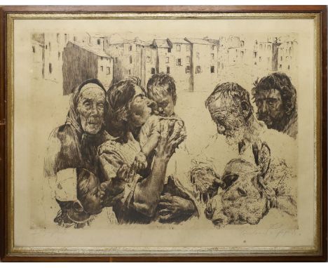 Wolfsfeld, Erich (1884 Krojanke - London 1956) Vielfigurige Darstellung mit Köpfen einer südländischen Familie und ihres Esel