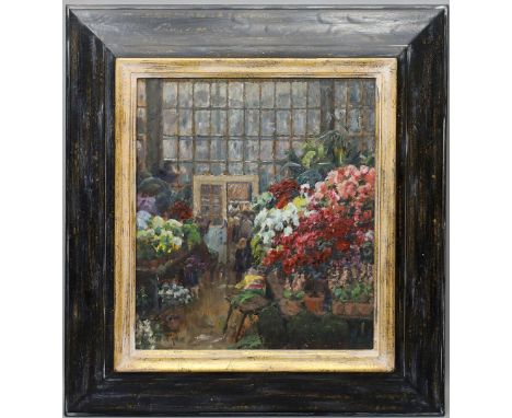 Thiele, Otto (1870 Rackitt - Bonn 1955) Blumenmarkthalle in Berlin. Öl/Holztafel, li. u. sign. 35x 30 cm. R.