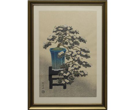 Ito, Nisaburo (1910 Japan 1988) "Potted Chrysanthemum", so bez. auf Etikett von UCHIDA ART CO. Ltd, Kyoto Japan. Farbholzschn