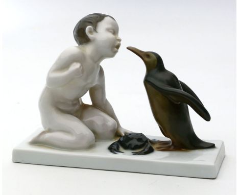 Liebermann, Ferdinand (1883 Judenbach - München 1941) Jugendstil-Skulptur "Brotneid" (nackter Knabe und Pinguin). Bunt bemalt