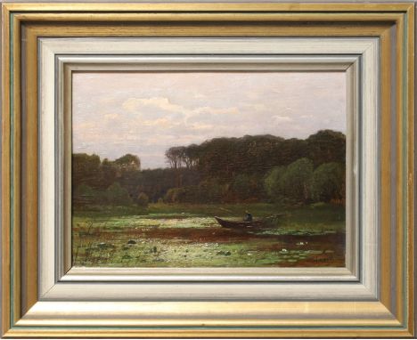 Kohnert, Heinrich (1850 Tilsit - Berlin 1905) Waldrand mit Angler in einem Boot auf See mit Seerosen in der Abendröte. Öl/Lwd