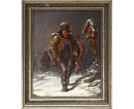Monogrammist "F.P.W." (19. Jh.) Vagabund auf verschneitem Weg vor Materl. Öl/Holz (Farbschäden und Rand re. o. l. besch.), re