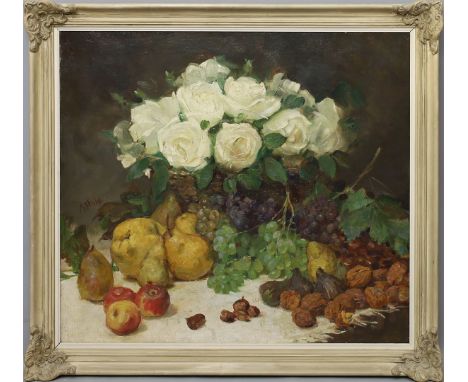 Stolz, Albert (1875 Bozen 1947) Stillleben mit weißen Rosen, Früchten und Nüssen. Öl/Lwd., li. u. sign. 64x 75 cm. R.