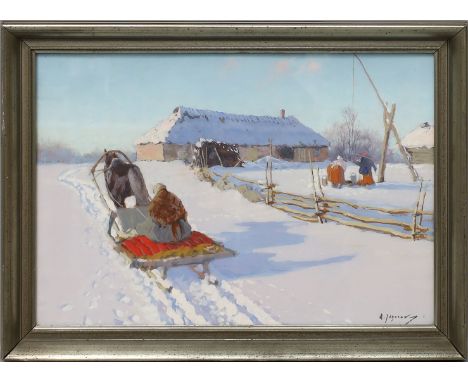 Egorov, Andrei Afanas'evich (1878 Russland 1954) Sonnige Winterlandschaft mit Pferdeschlitten und Frauen am Brunnen. Gouache/