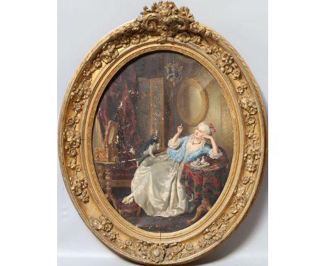 Hummel, Fritz (1828 Berlin 1905) Stubeninterieur mit eleganter Dame und Hund. Öl/Lwd. (div. Farbfehlstellen), u. sign. und un