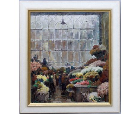Thiele, Otto (1870 Rackitt - Bonn 1955) "Blumenmarkthalle", so auf Etikett betitelt. Öl/Holztafel (verso Stillleben-Studie), 