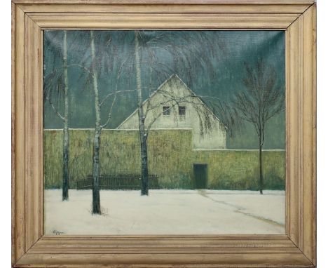 Pfitzner, Alfred (1875 Berlin 1949) Karge Winterlandschaft mit Haus. Öl/Lwd., li. u. sign., verso mit Etikett V.B.K. No. 3552