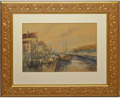 Janowitz, Philipp (Anf. 20. Jh.) Reich belebte Szene an holländischem Kanallauf. Aquarell/braunem Papier (mit Prägestempel "S