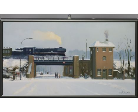 Fischer, Günter (geb.1940 Eberswalde, später Berlin) "Stellwerk Heiligensee um 1955", so rückseitig auf Keilrahmen betitelt. 