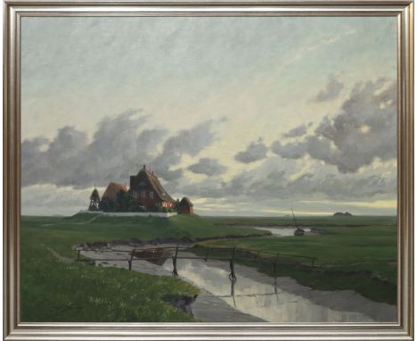 Lehmann-Brauns, Paul (1885 Neufahrwasser - Berlin 1970) Kirchwarft mit Priel auf Hallig Hooge. Öl/Lwd. (2 kl. Farbfehlstellen