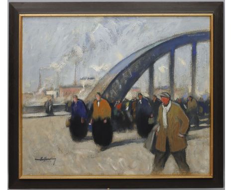 Unbekannter Maler (20. Jh.) Arbeiter auf einer Brücke. Öl/Karton, li. u. undeutlich sign. 48x 58 cm. R.