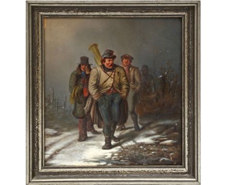 Monogrammist "W.W." (München, um 1850) Vier Vagabunden mit Musikinstrumenten auf verschneitem Weg. Öl/Holz (Randschäden und l