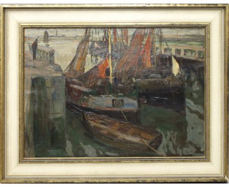 Grethe, Carlos (1864 Montevideo - Nieuwport 1913) "Kleiner Fischerhafen", so verso betitelt. Öl/Lwd. (l. Altersspuren), re. u